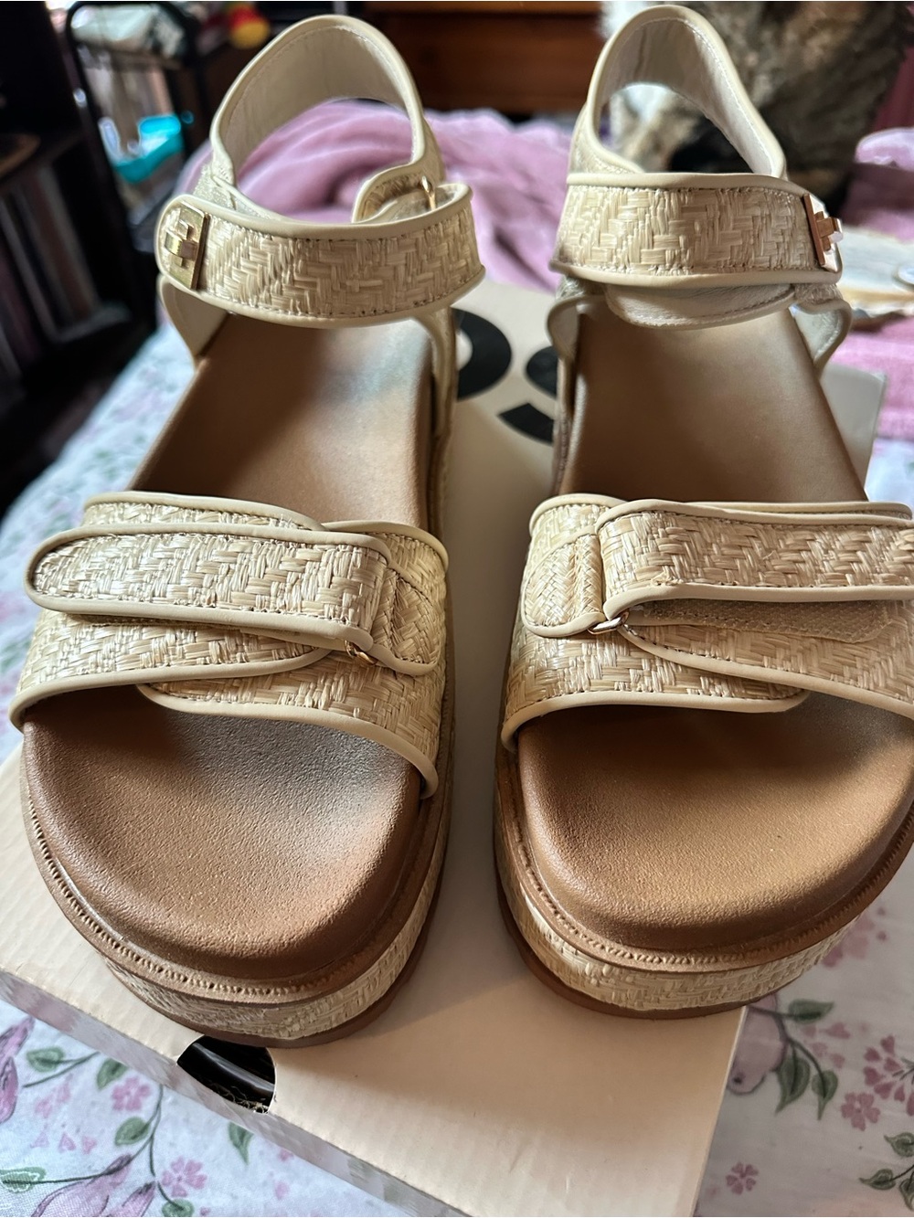 SO Beige Woven Platform Sandals with Ankle Buckle